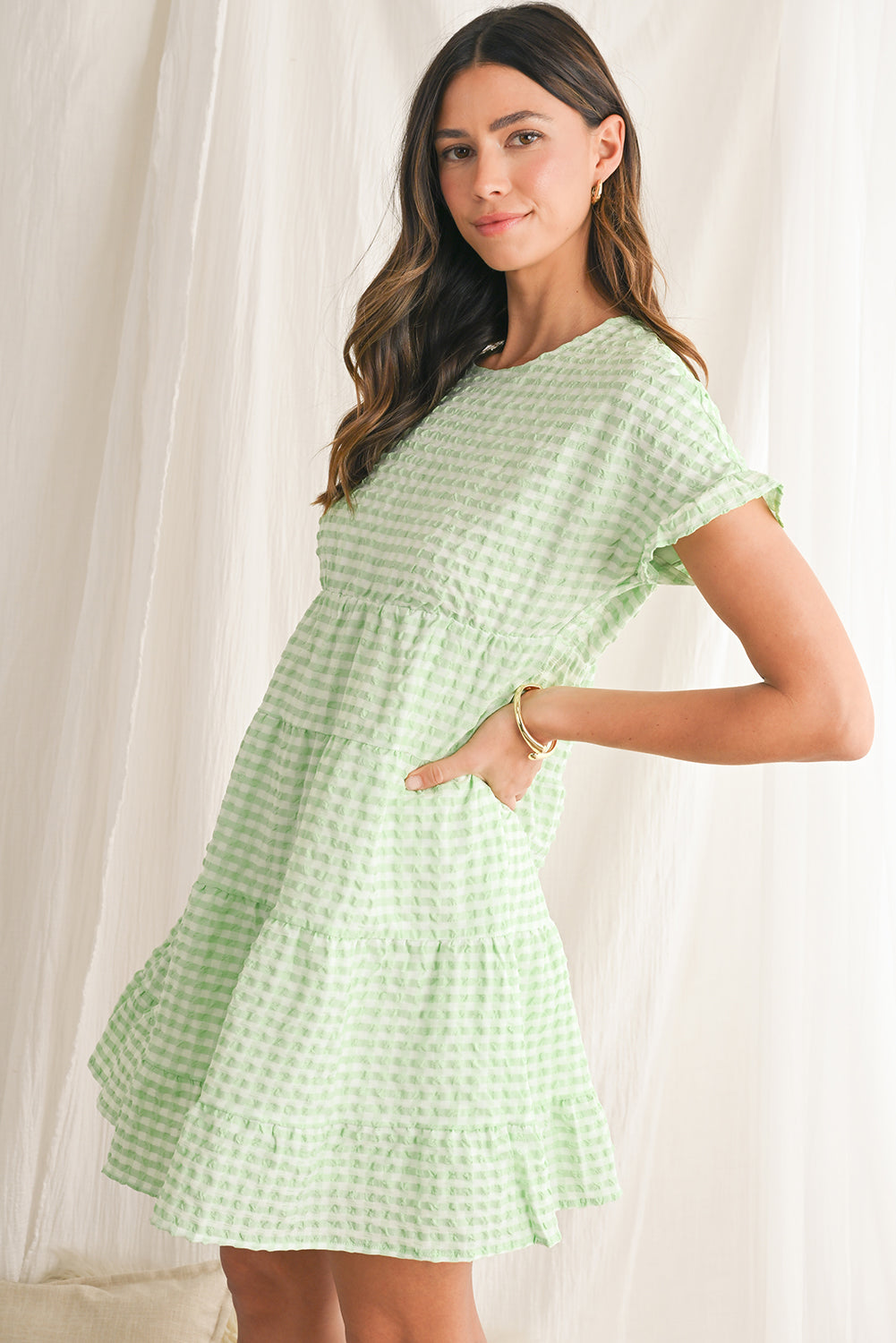 Green Plaid Ruffle Tiered Mini Dress