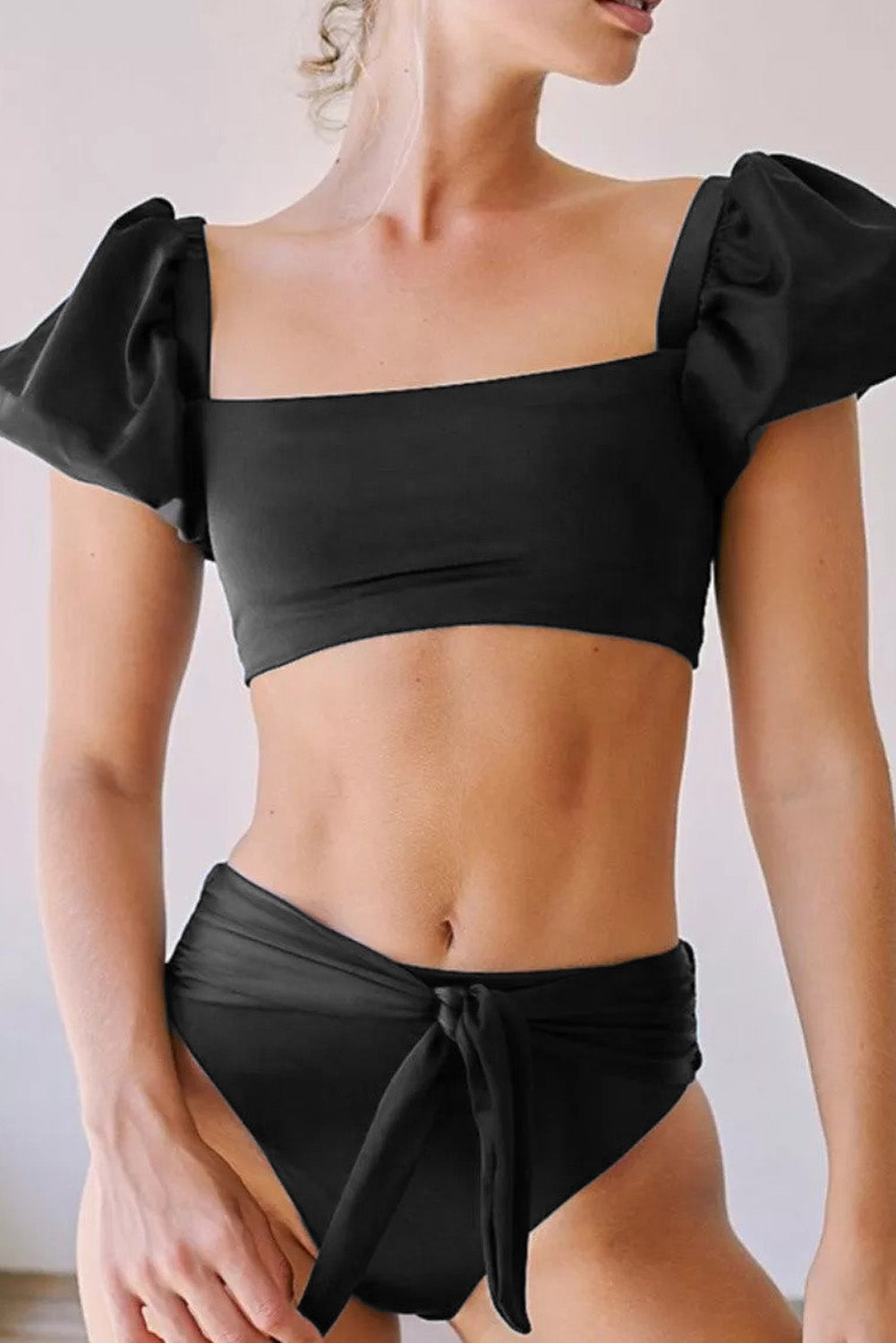 Green Sexy Bubble Sleeves High Waisted Swimsuit