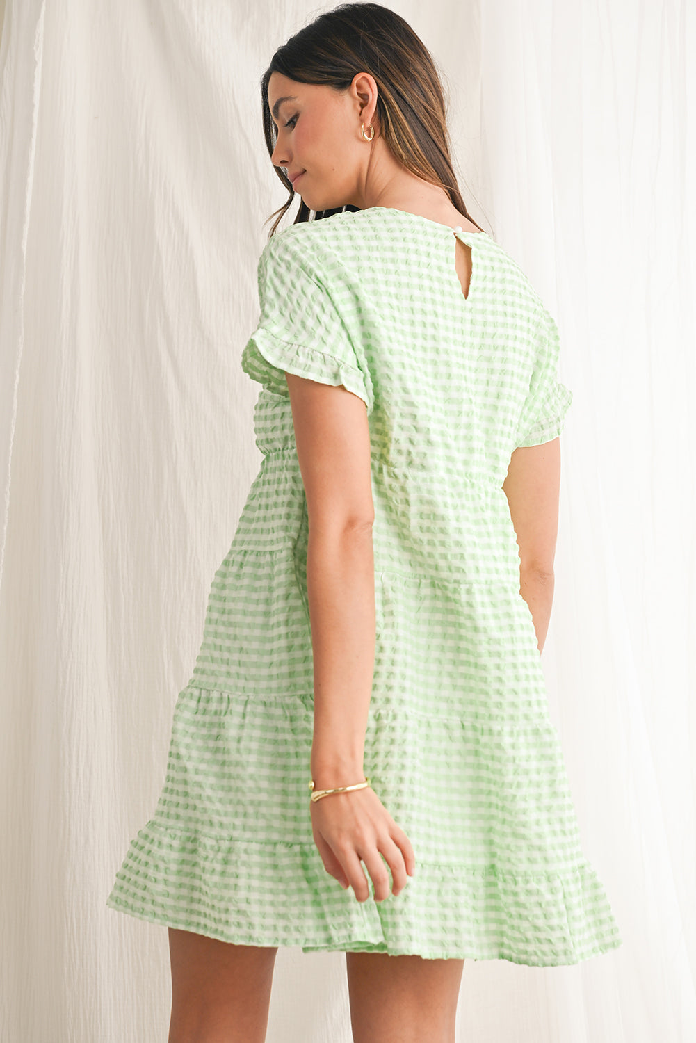 Green Plaid Ruffle Tiered Mini Dress