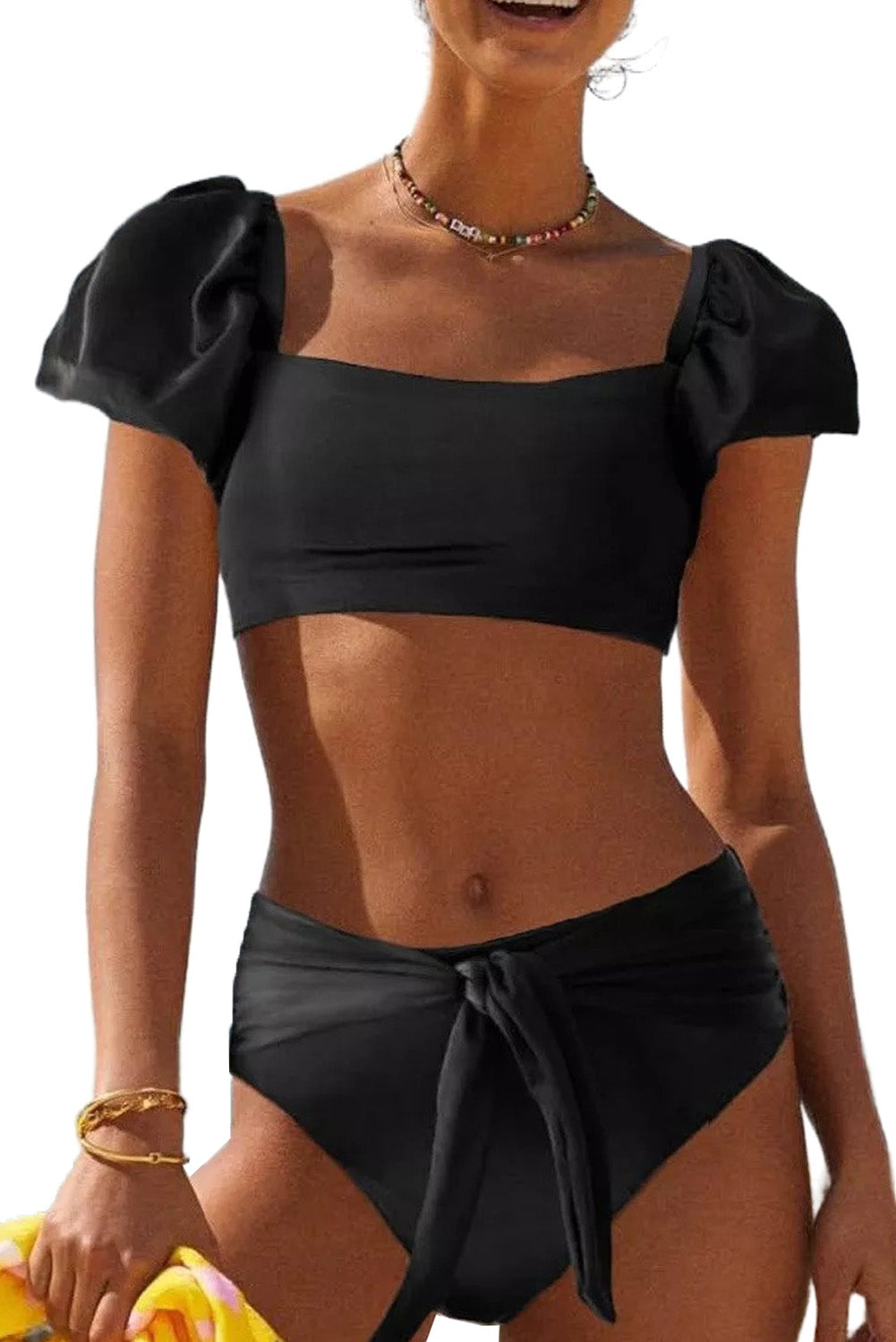 Green Sexy Bubble Sleeves High Waisted Swimsuit