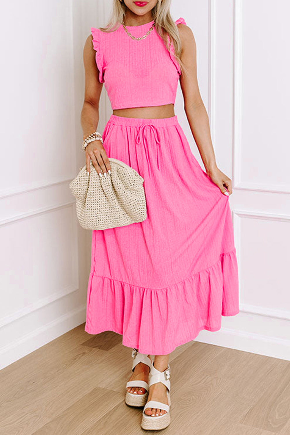 Bonbon Textured Ruffle Trim Crop Top and Drawstring Skirt Set