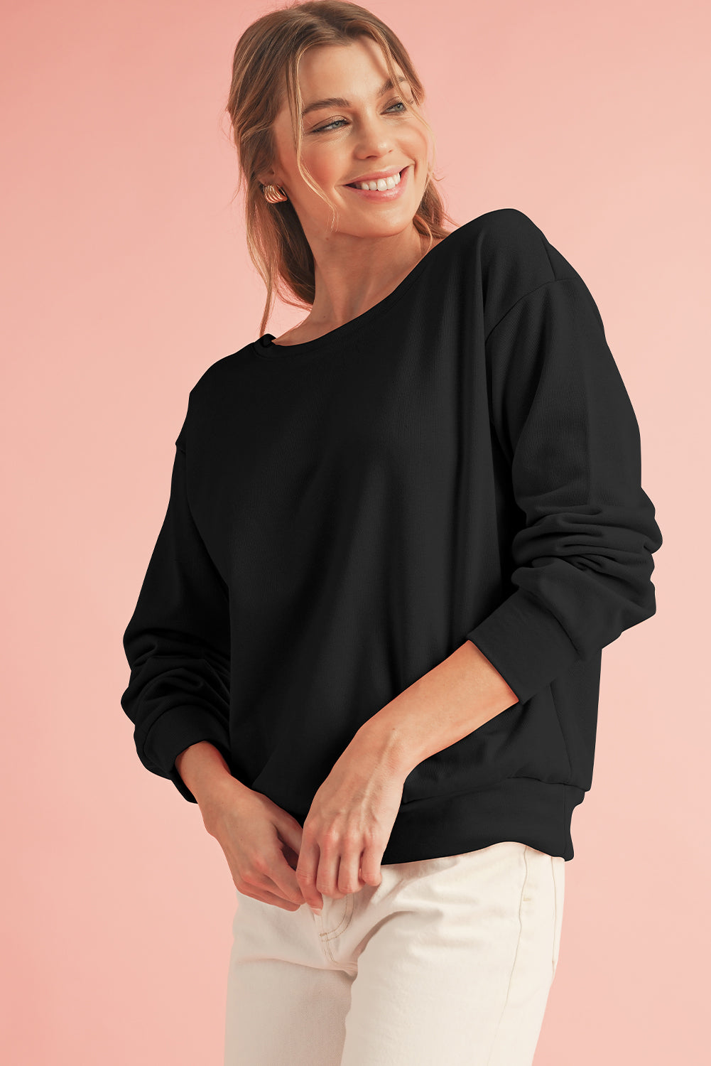 Apricot Bowknot Plain Round Neck Sweatshirt