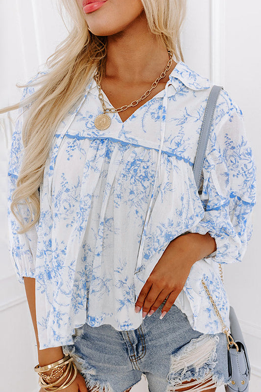 Sky Blue Floral 3/4 Sleeve Lace-up Collar Blouse