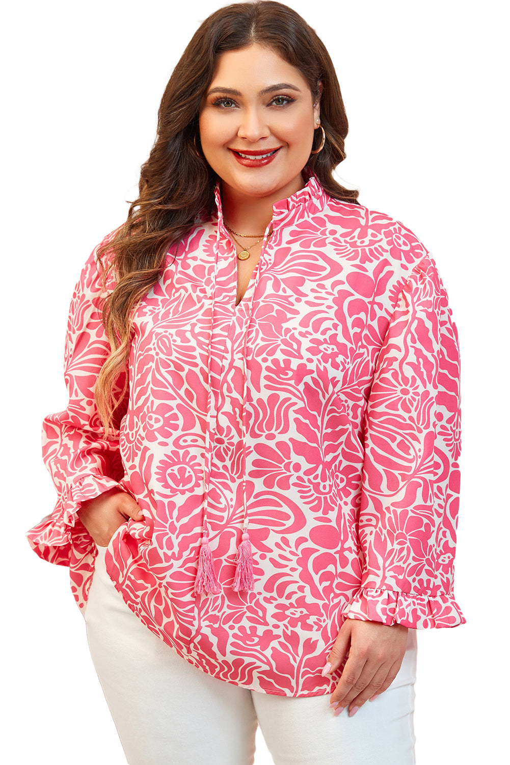 Pink Plus Size Floral Print Frilled Neck Puff Sleeve Blouse