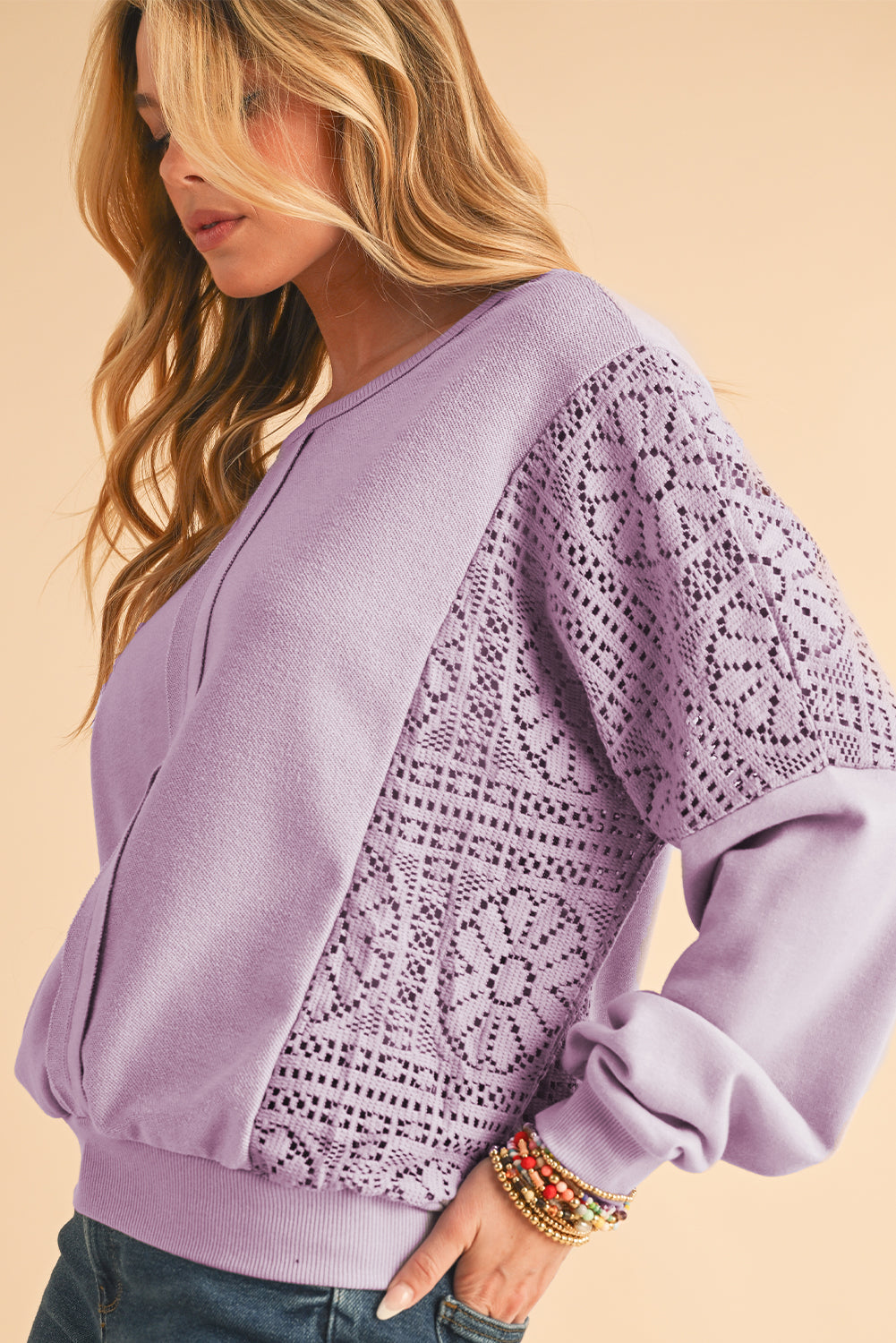 Parchment Crochet Patchwork Exposed Seam Ribbed Trim Sweatshirt