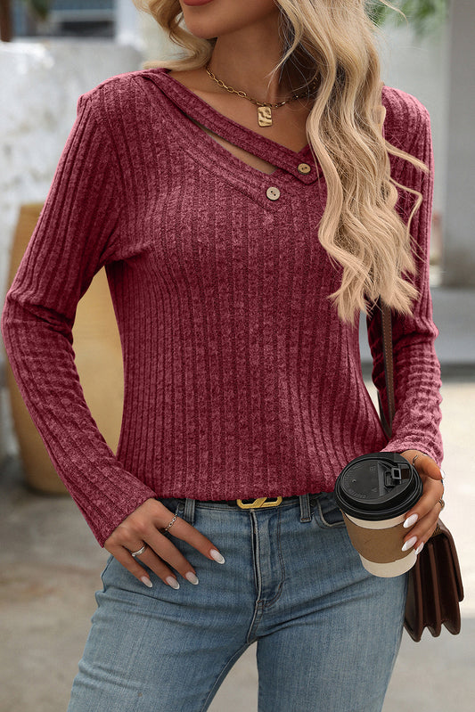 Mineral Red Ribbed Long Sleeve Buttoned Strap V Neck Top