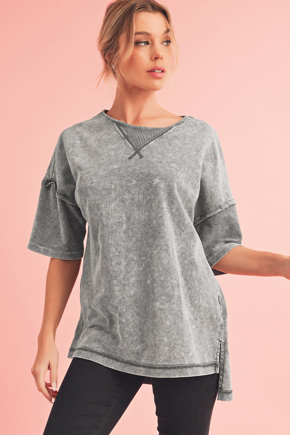 Orchid Petal Mineral Wash Exposed Seam Drop Shoulder Oversized Tee