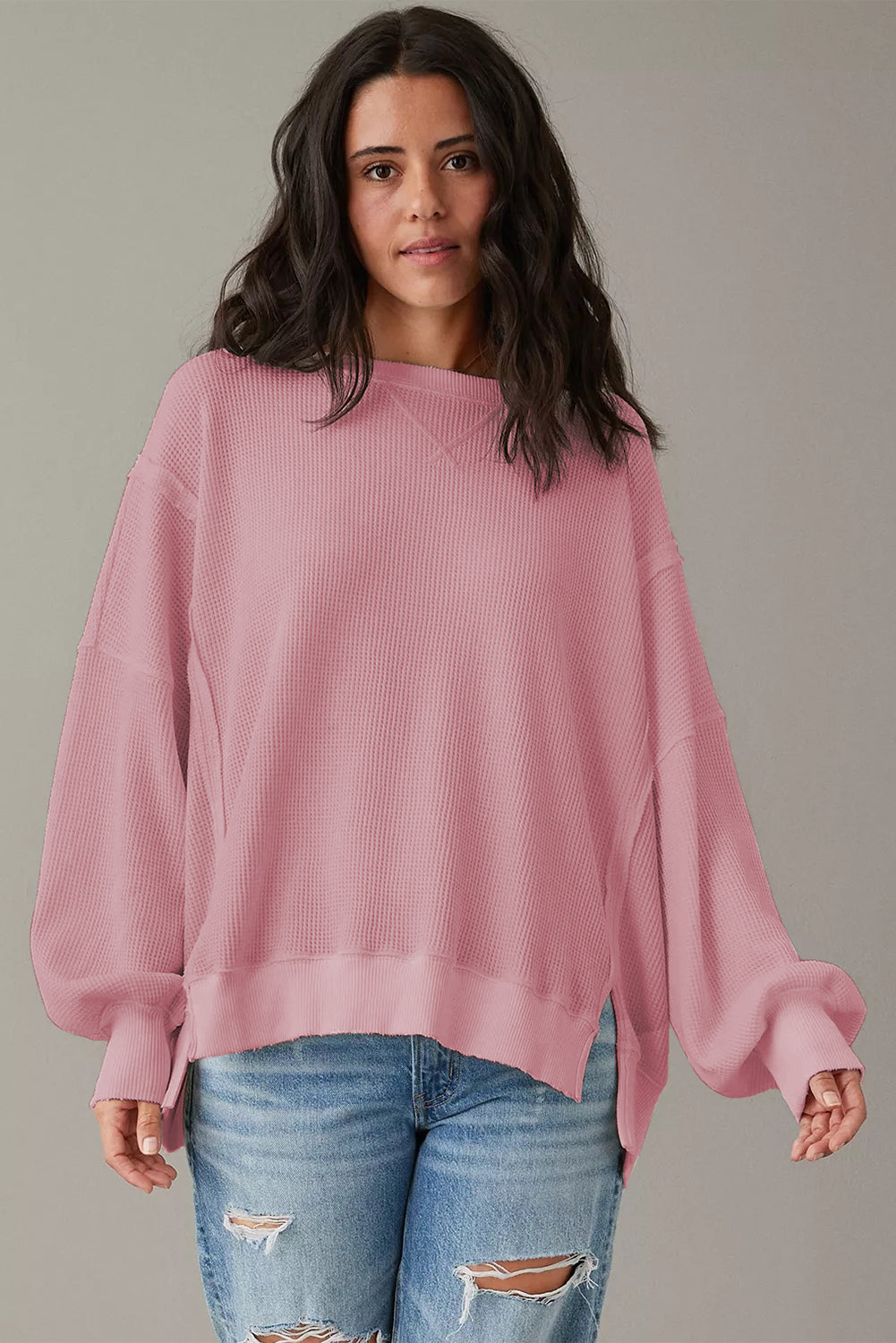 Pink Waffle Bishop Sleeve Split Oversized Sweatshirt