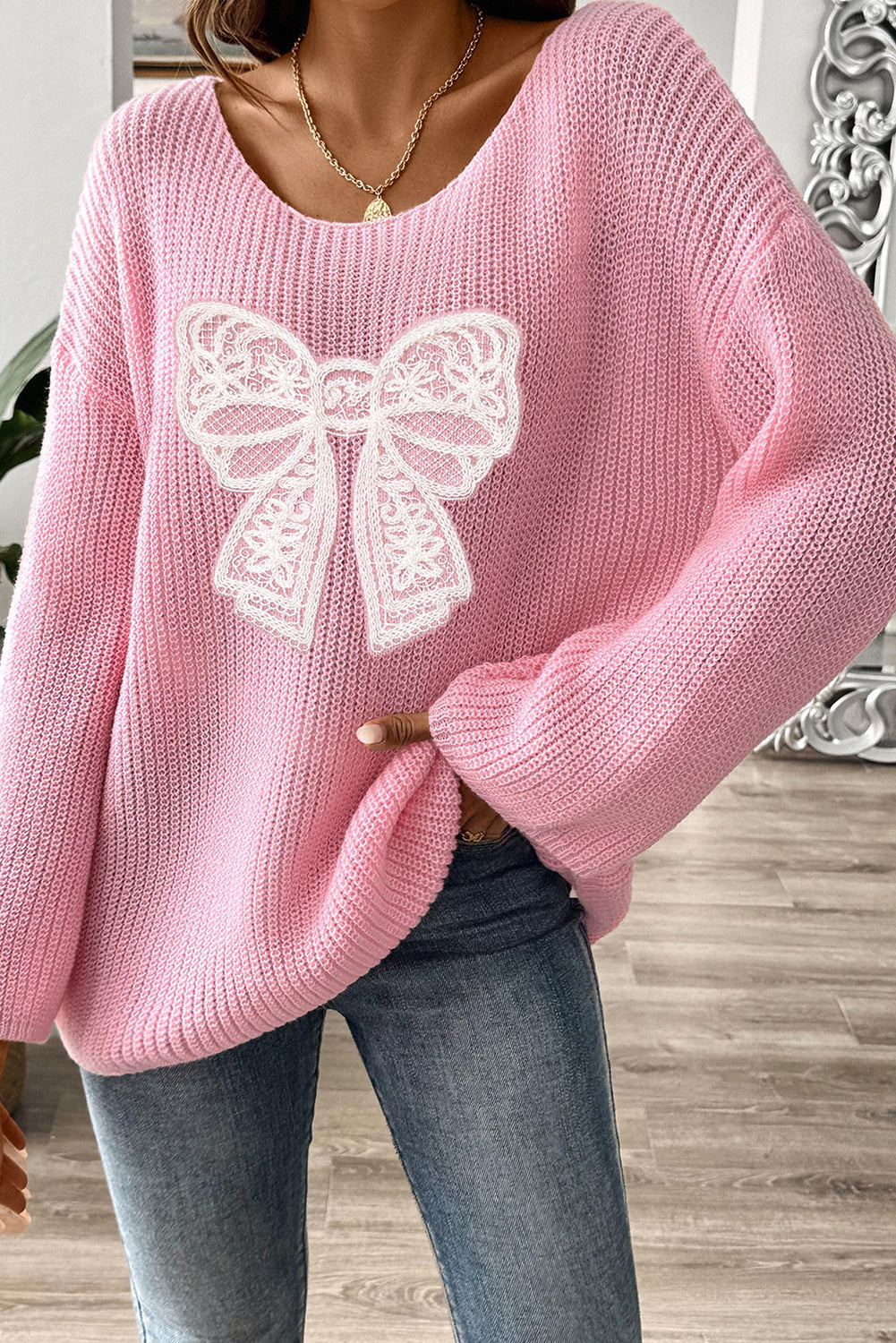 Pink Sweet Lace Bow Round Neck Knit Sweater