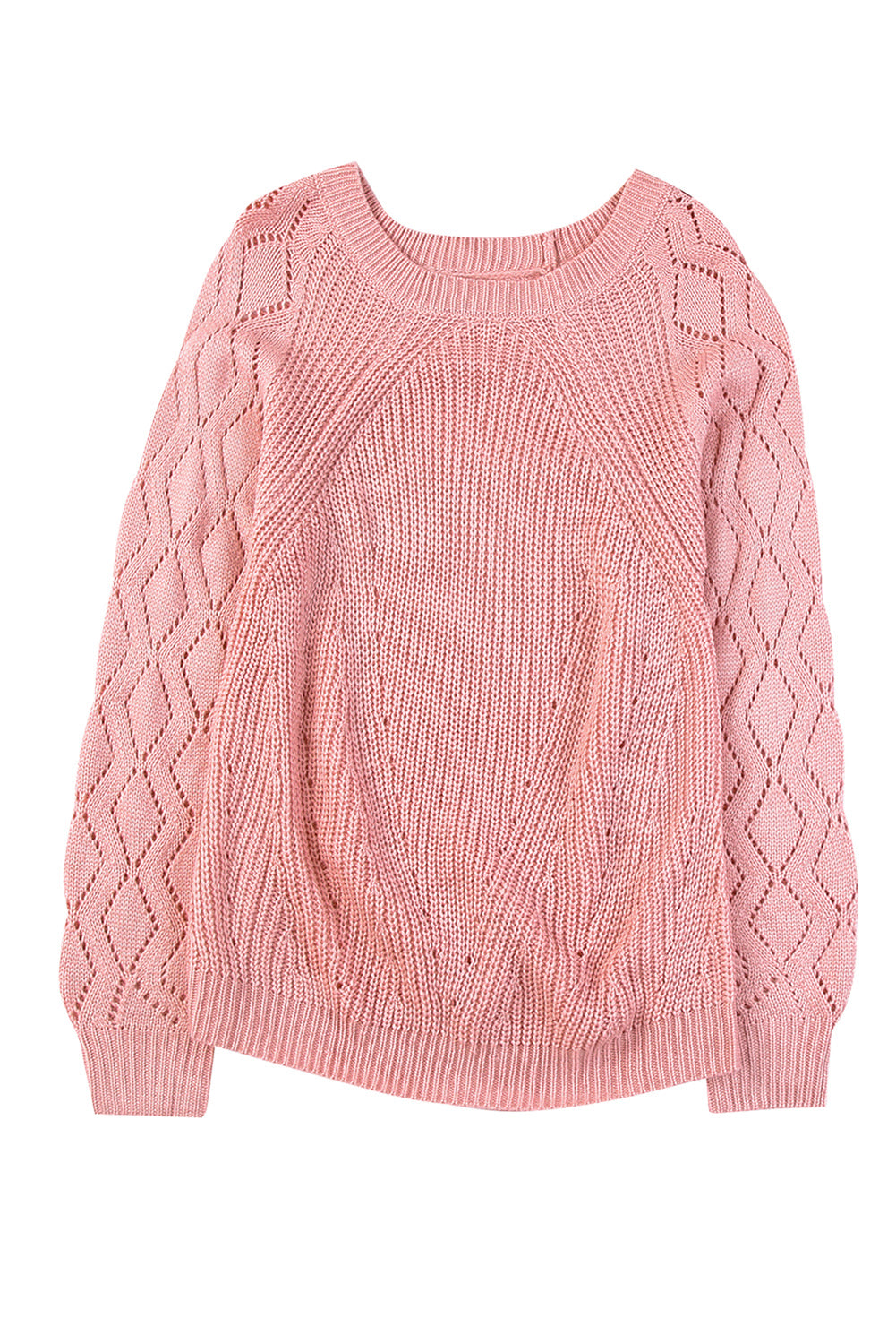 Pink Knit Hollow Out Long Sleeve Pullover Sweater