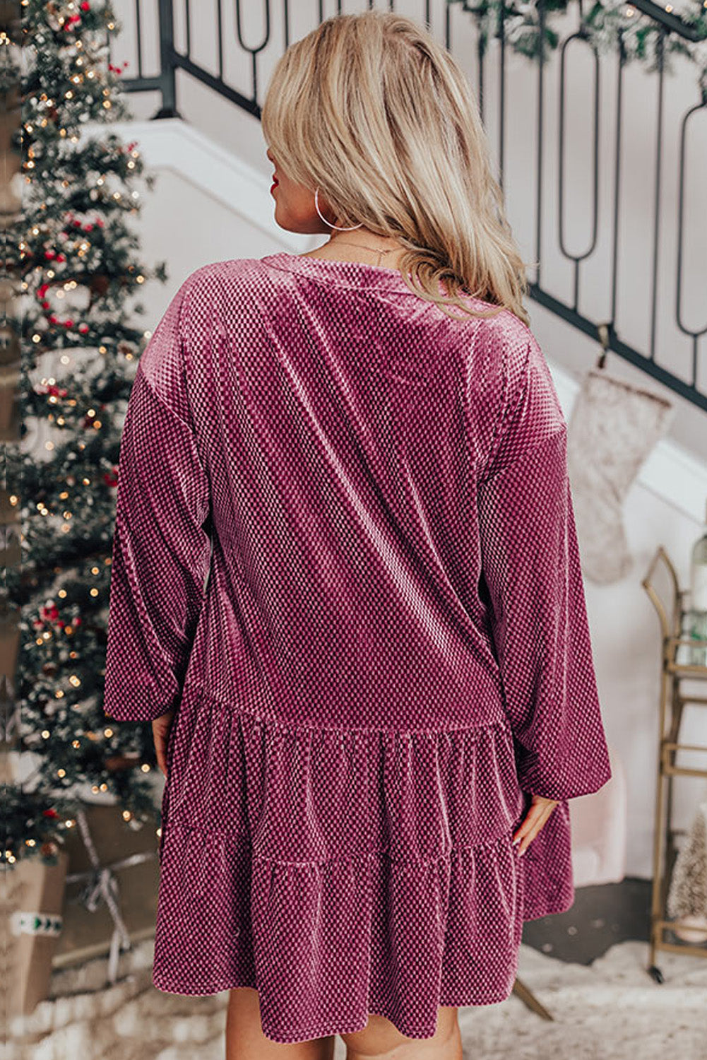 Meadow Mauve Textured Velvet Buttons Tiered Plus Size Dress