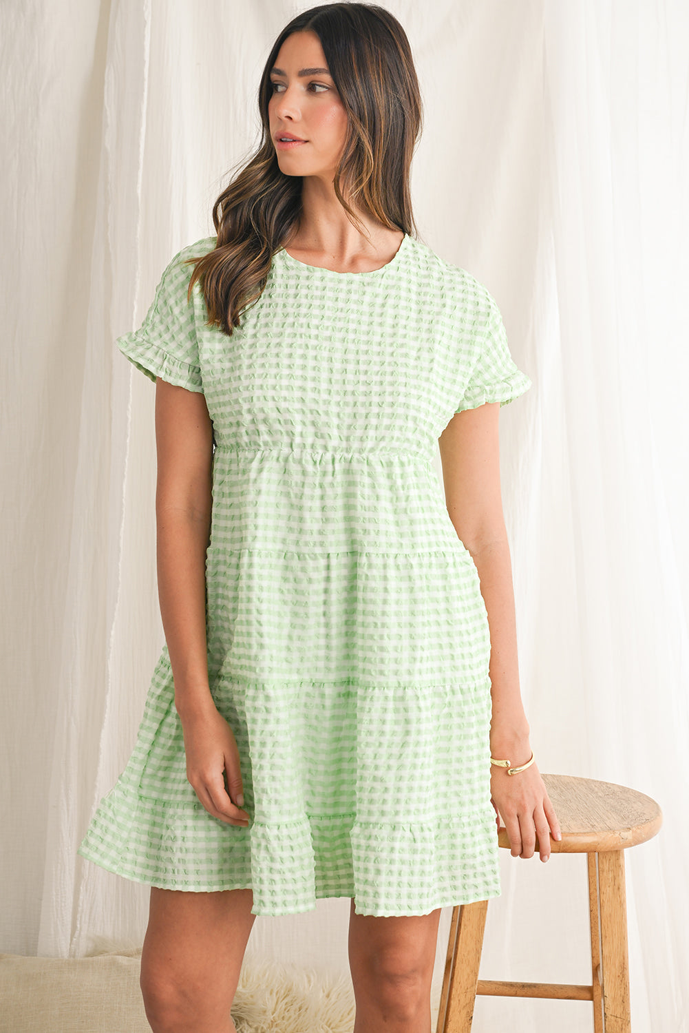 Green Plaid Ruffle Tiered Mini Dress