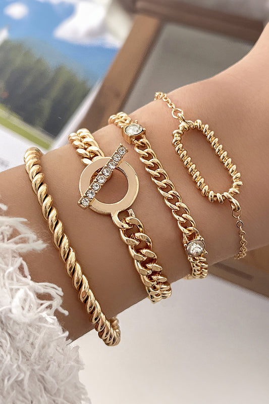 Gold 4Pcs Rhinestone Decor Twist Adjustable Chain Bracelet Set