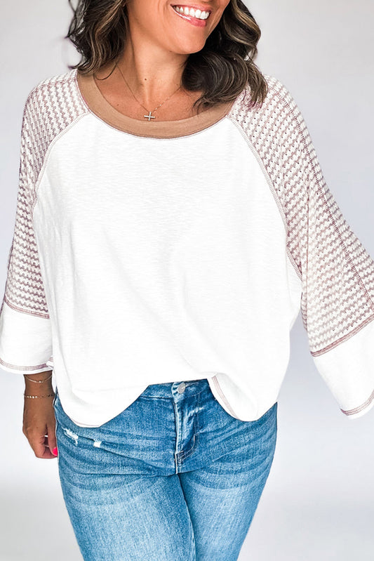 White Striped Raglan Sleeve Patchwork Top