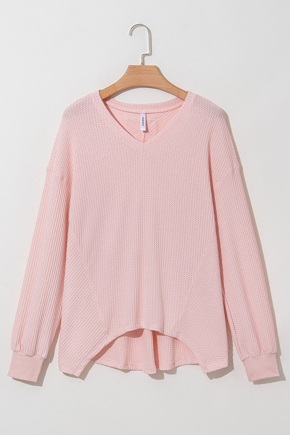 Light Pink Waffle V Neck Drop Shoulder Long Sleeve Loose Top