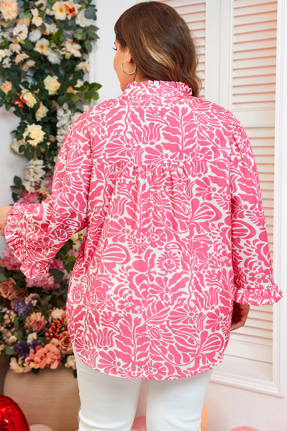 Pink Plus Size Floral Print Frilled Neck Puff Sleeve Blouse