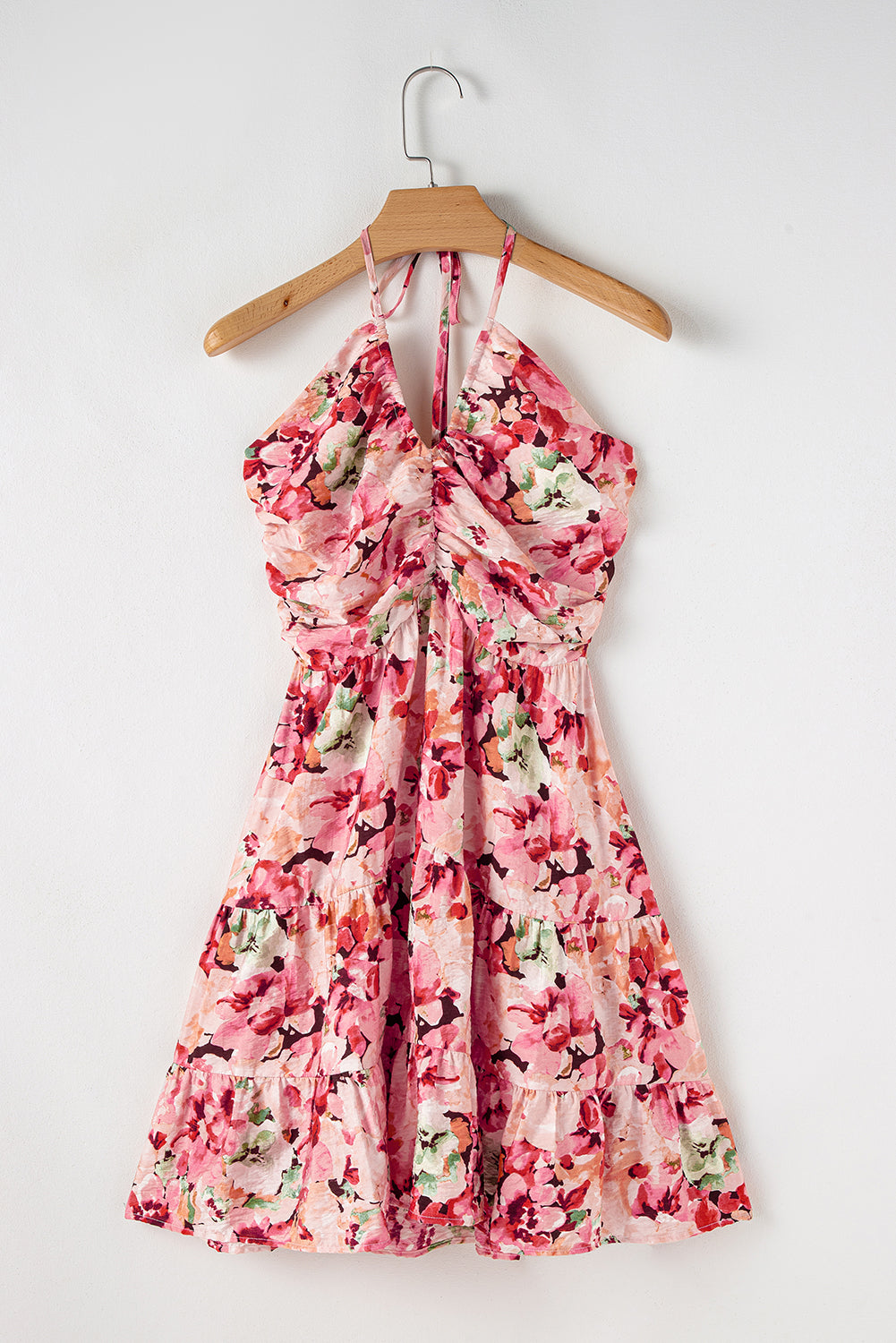 Pink Floral Halter Neck Smocked Back Ruffle Mini Dress