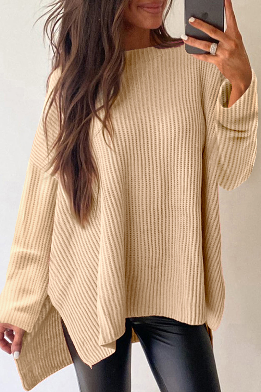 Apricot Plain Side Slits Oversized Sweater