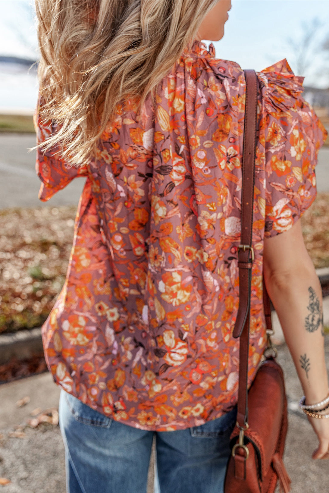 Orange Floral Print Ruffle Flutter Sleeve V Neck Blouse