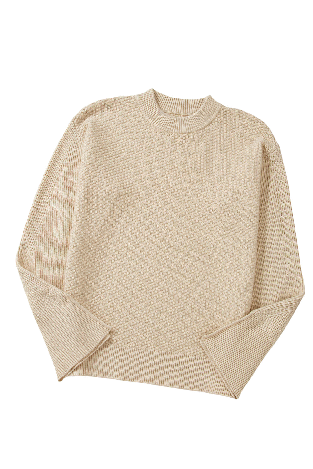 Parchment Solid Textured Knit Split Cuff Drop Shoulder Sweater