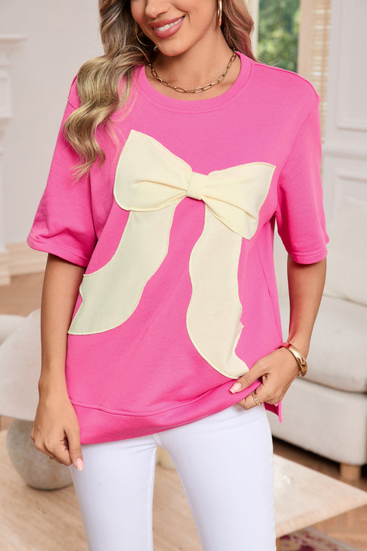 Strawberry Pink Sweet Bow Round Neck T-Shirt