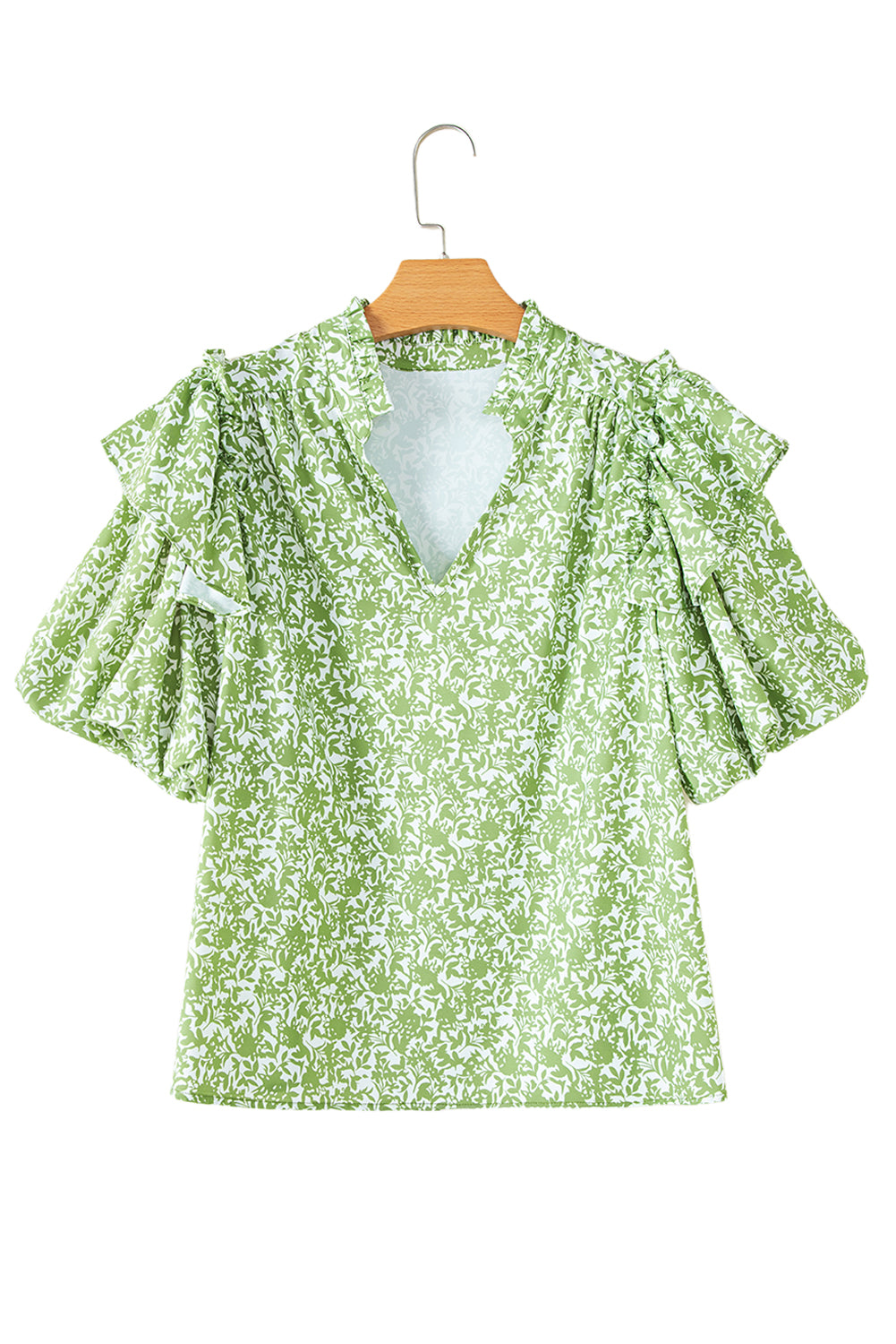 Light Green Floral V-Neck Ruffle Puff Sleeve Blouse