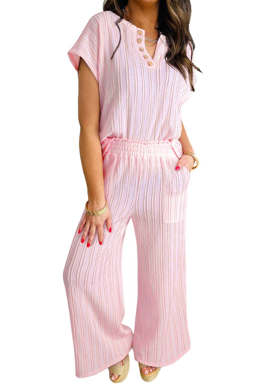 Light Pink Textured Short Sleeve Henley Top and Pocketed Wide Leg Pants