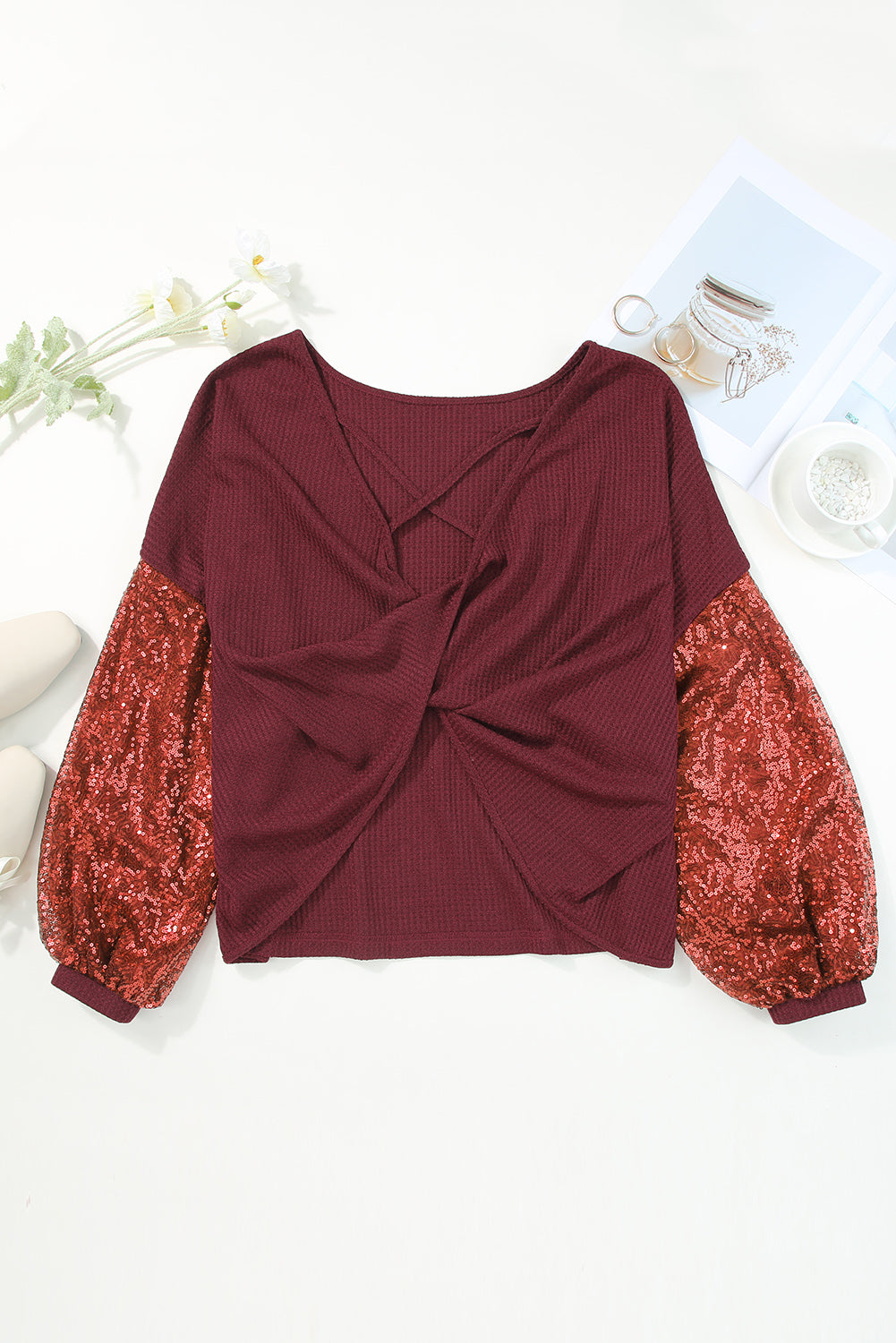 Red Cross Backless Sequin Bishop Sleeve Top