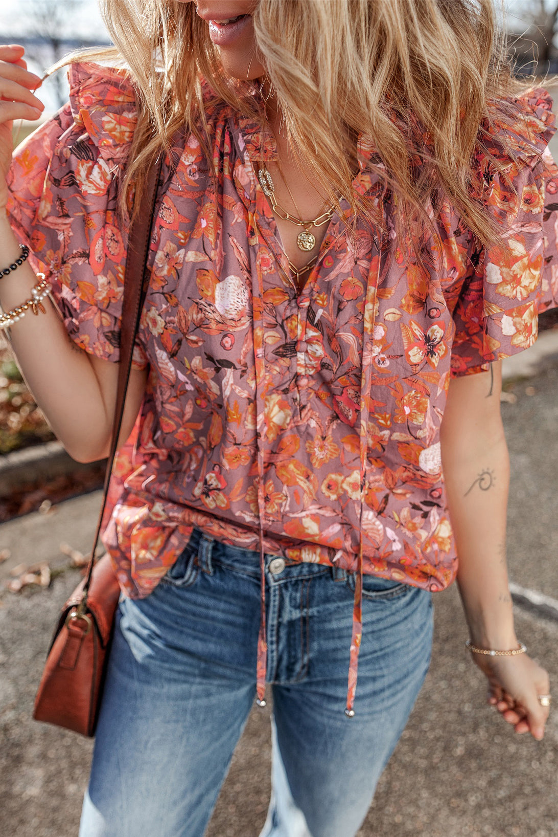 Orange Floral Print Ruffle Flutter Sleeve V Neck Blouse