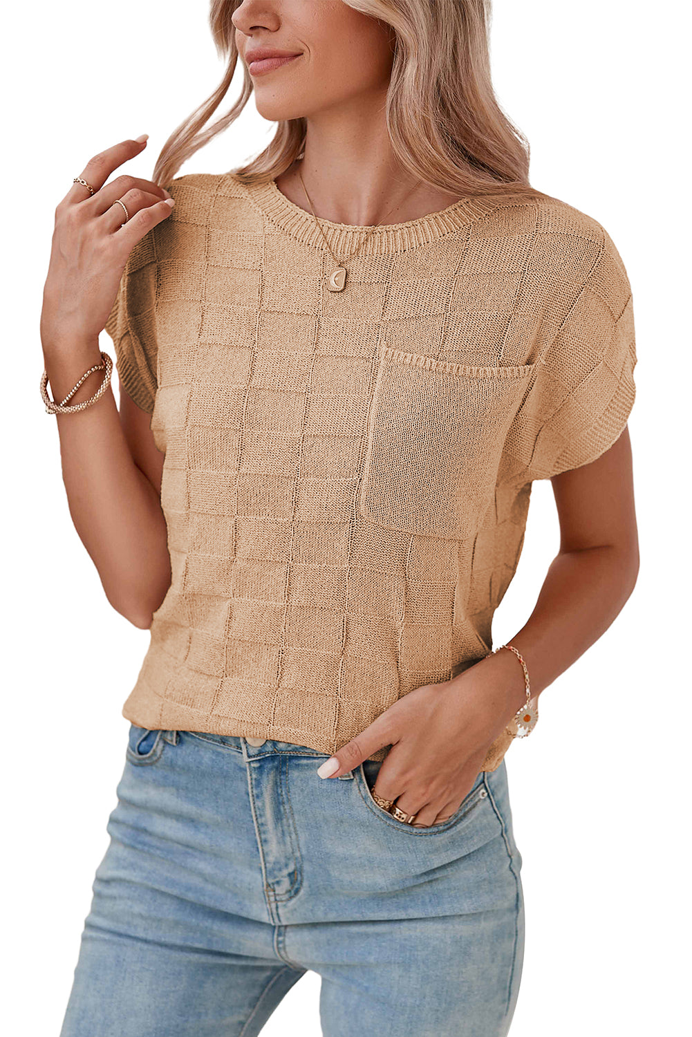 Dusty Pink Lattice Textured Knit Short Sleeve Baggy Sweater