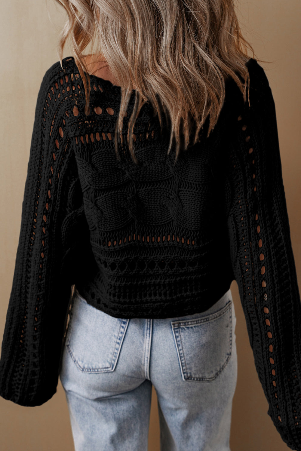 Smoke Gray Hollow Out Cable Knit Cropped Sweater