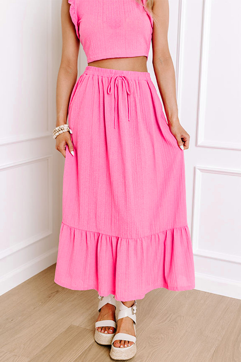 Bonbon Textured Ruffle Trim Crop Top and Drawstring Skirt Set