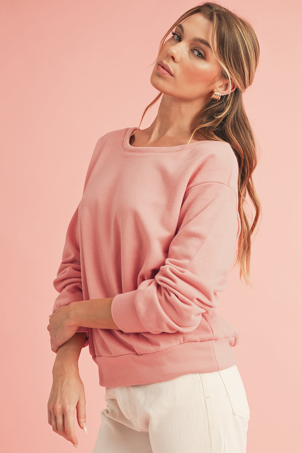 Apricot Bowknot Plain Round Neck Sweatshirt