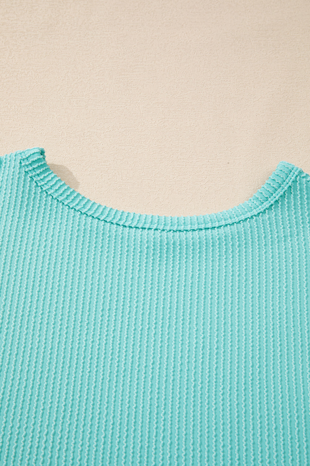 Aruba Blue Plain Crinkle Ribbed Round Neck Top