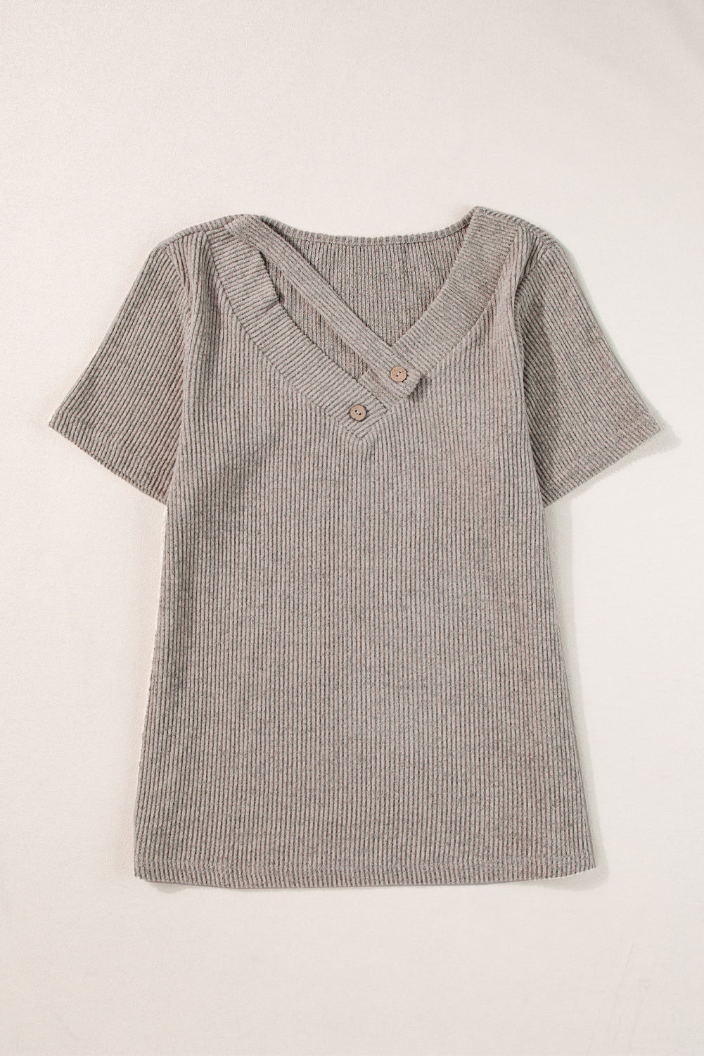 Pale Khaki Button Strappy V Neck Plain Ribbed Tee