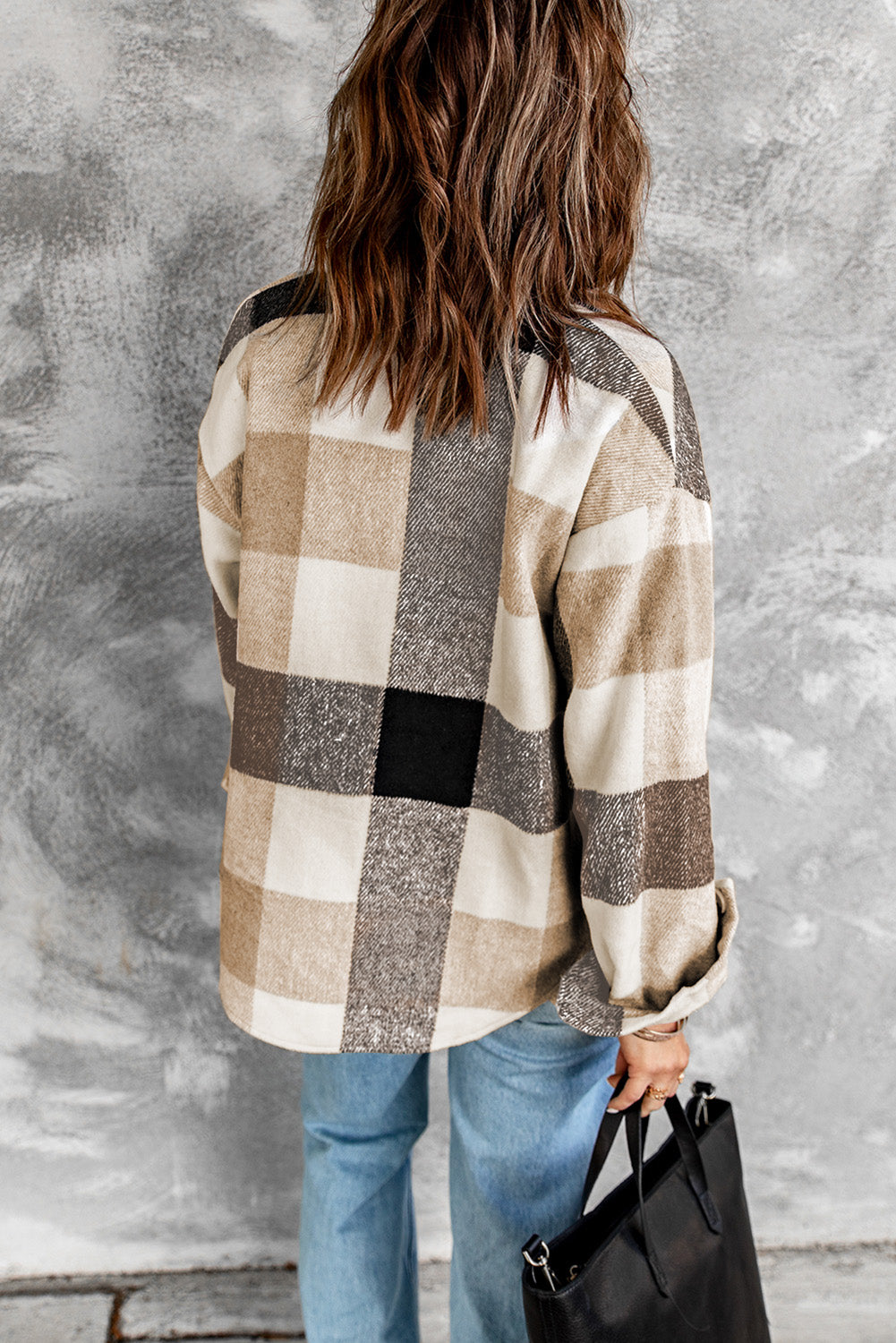 Grey Plaid Color Block Pockets Buttoned Shacket