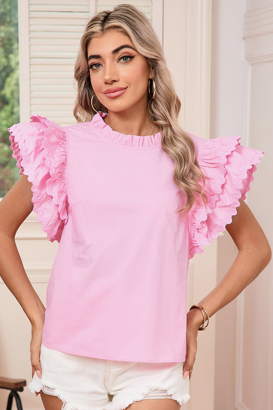 Bonbon Ricrac Applique Ruffle Sleeve Frill Neck Blouse