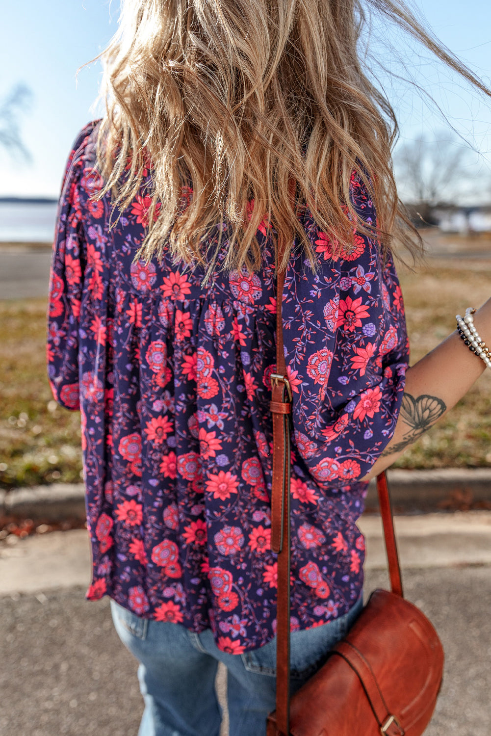 Purple Floral Puff Half Sleeve Split Neck Blouse