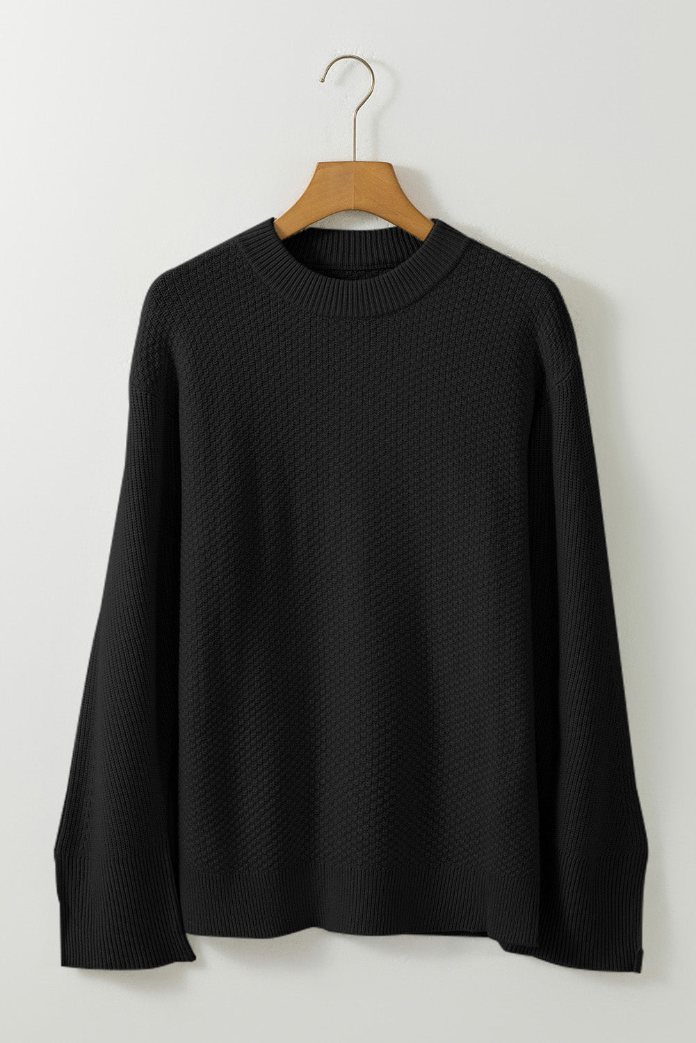 Parchment Solid Textured Knit Split Cuff Drop Shoulder Sweater