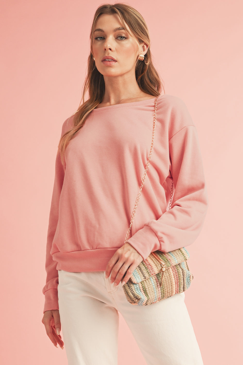 Apricot Bowknot Plain Round Neck Sweatshirt