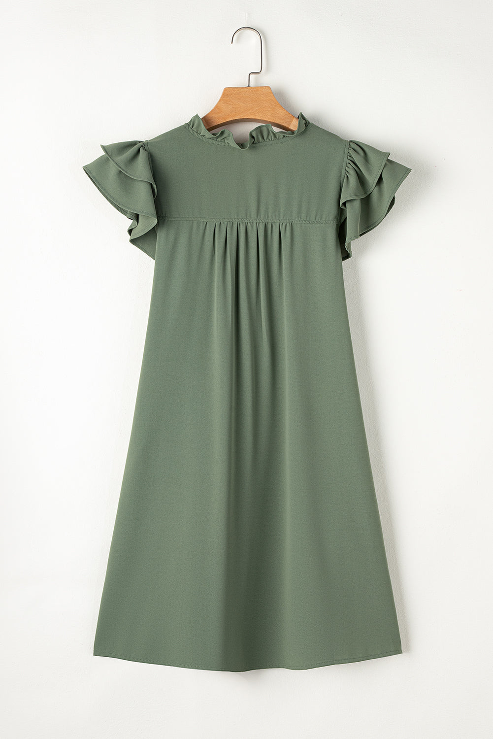 Mist Green Ruffle Trim Sleeve V Neck Pocketed Mini Dress