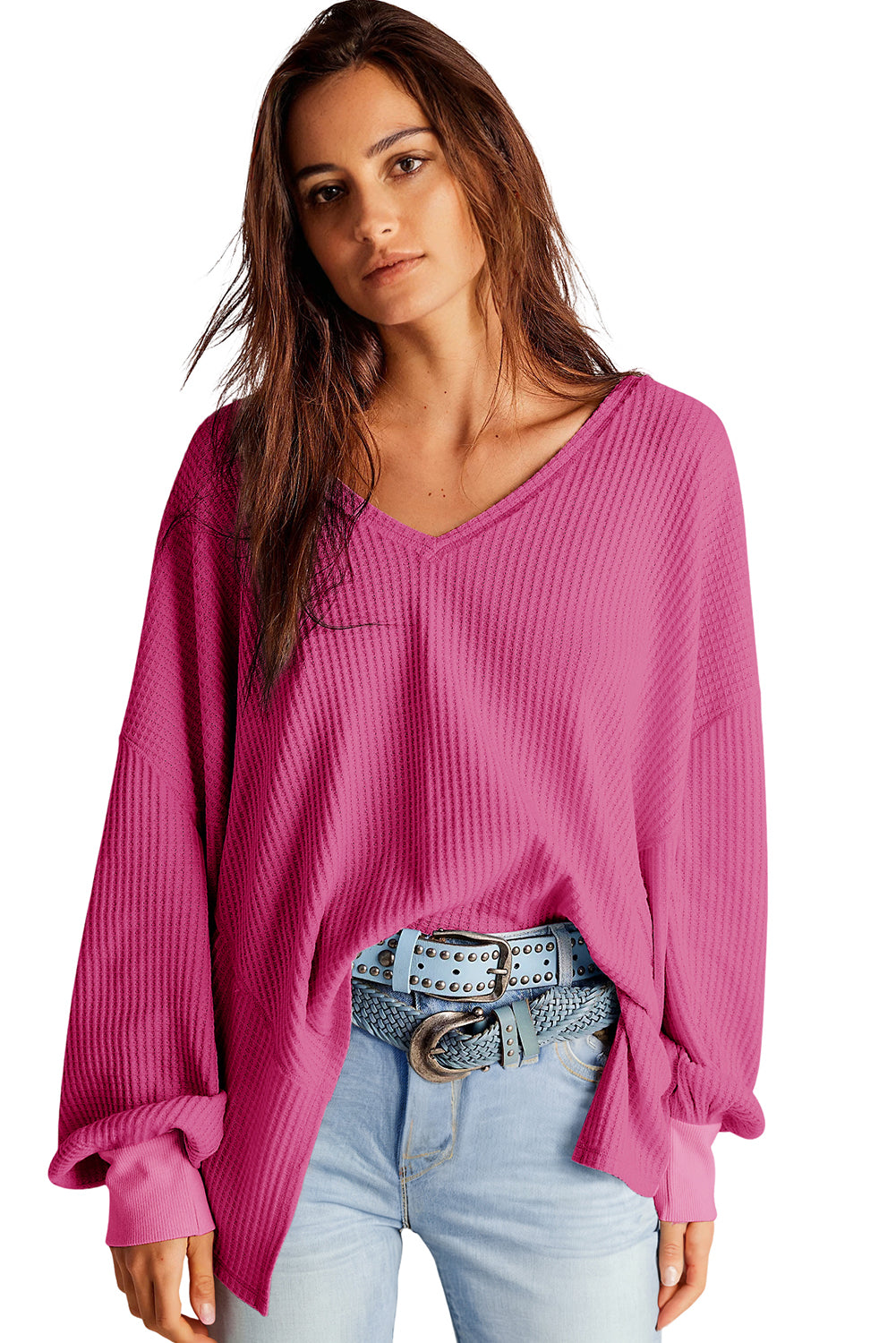 Light Pink Waffle V Neck Drop Shoulder Long Sleeve Loose Top