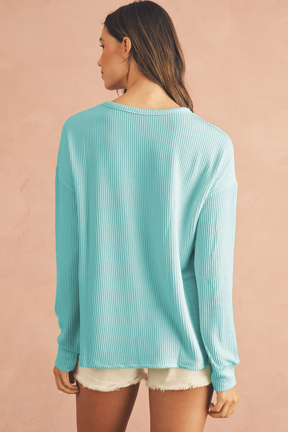 Aruba Blue Plain Crinkle Ribbed Round Neck Top