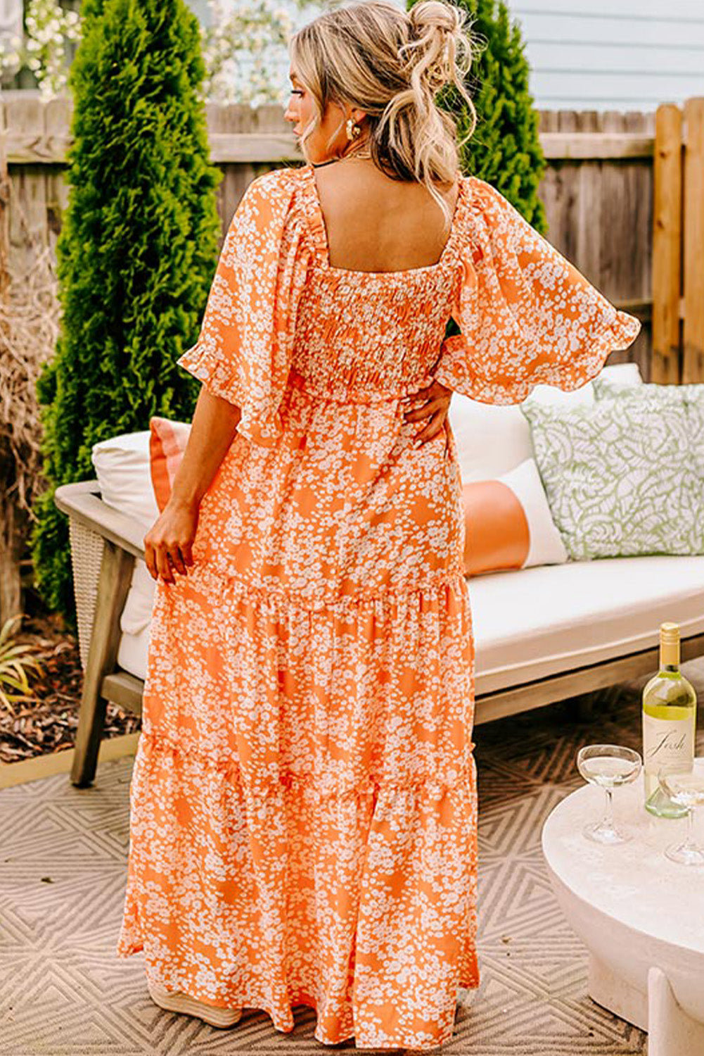 Orange Floral Print Smocked V Neck Bell Sleeve Maxi Dress