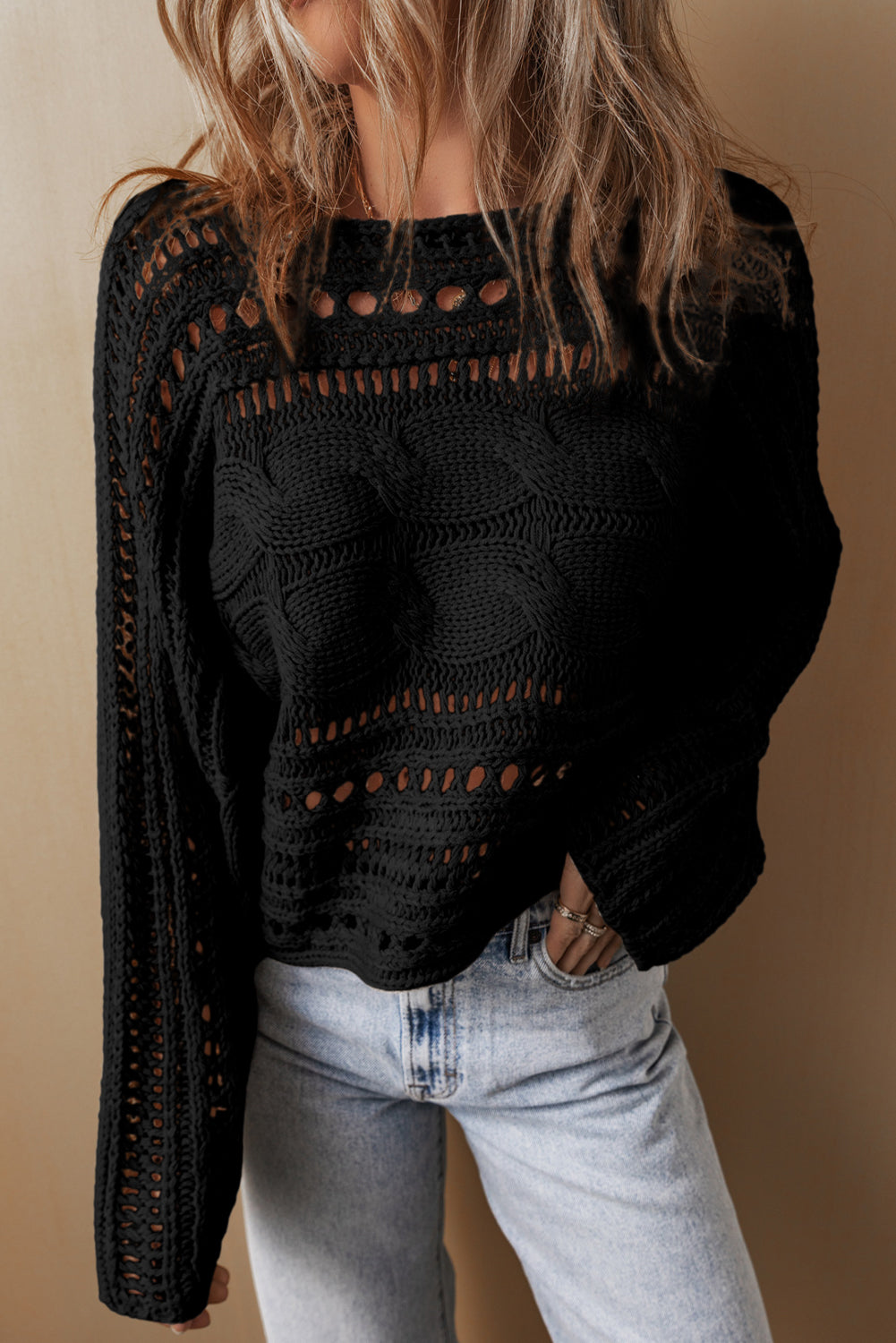 Smoke Gray Hollow Out Cable Knit Cropped Sweater