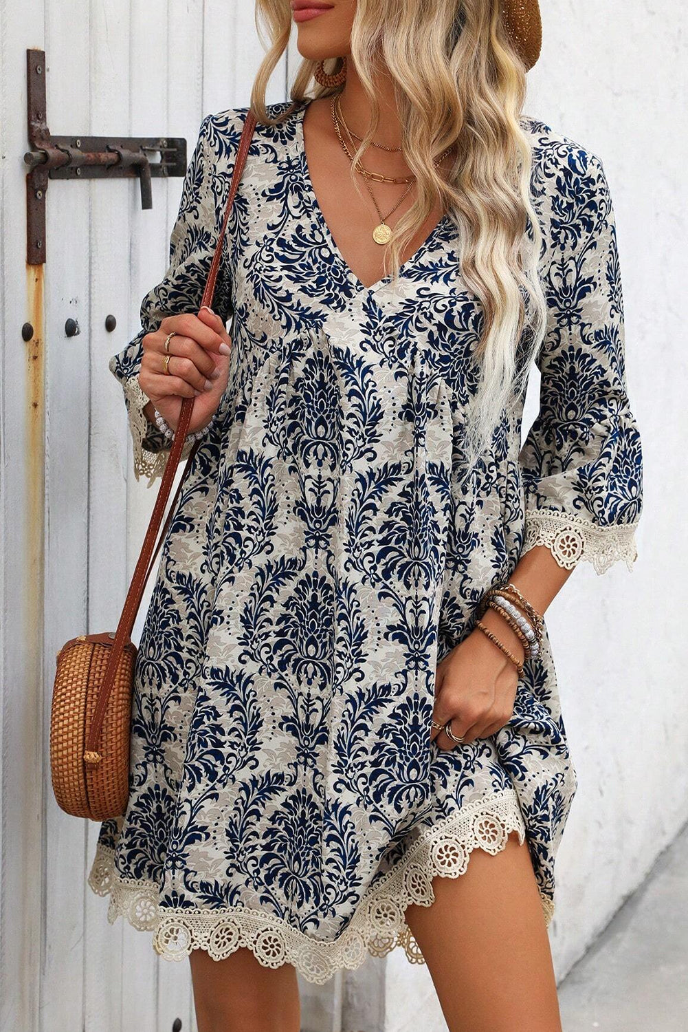 Sky Blue Ethnic Print Lace Trim V Neck 3/4 Sleeve Mini Dress