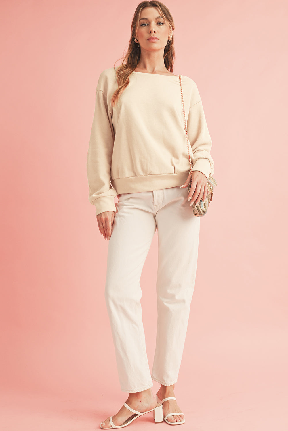 Apricot Bowknot Plain Round Neck Sweatshirt