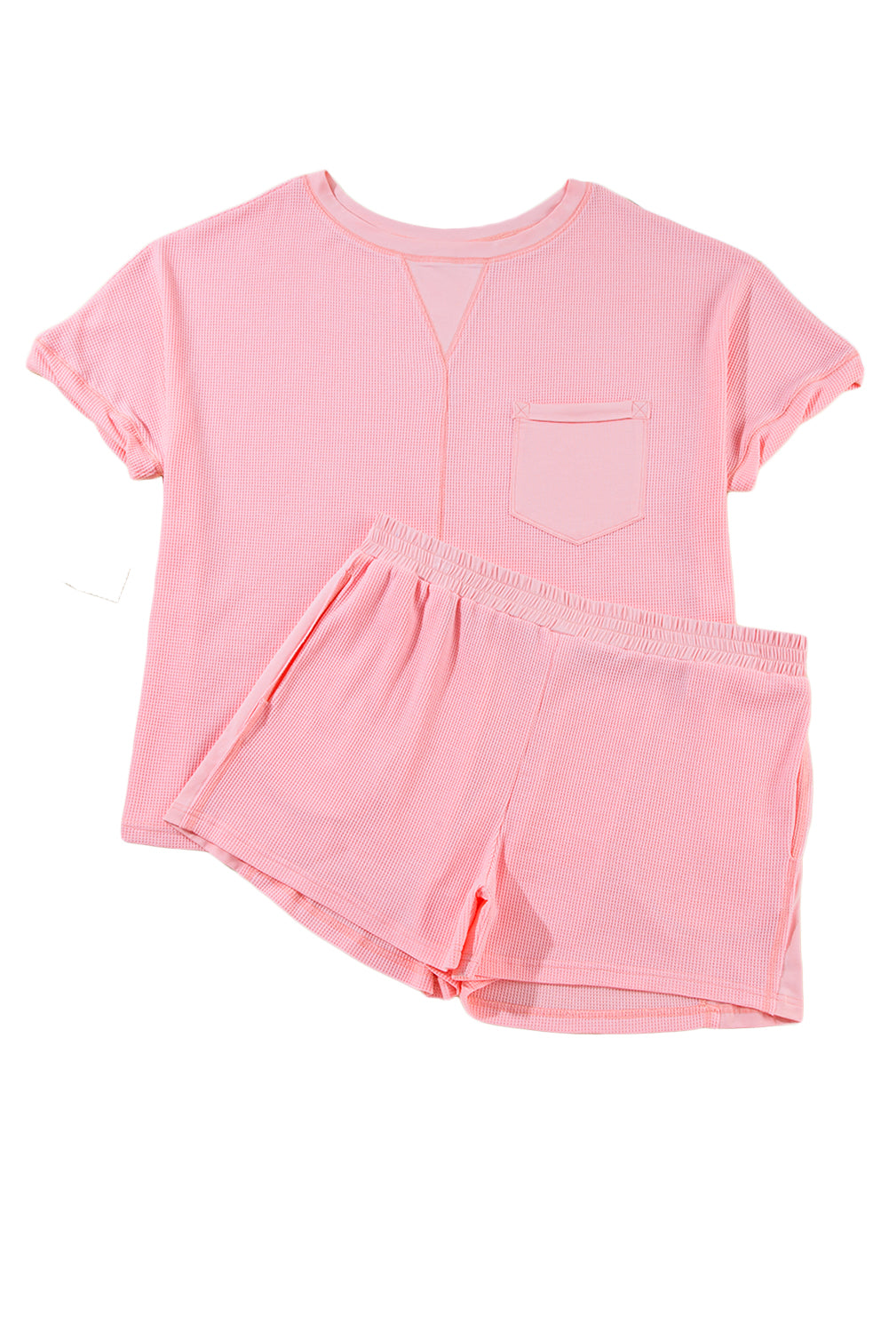 Pink Plus Size Waffle Knit Exposed Seam Tee and Shorts Set