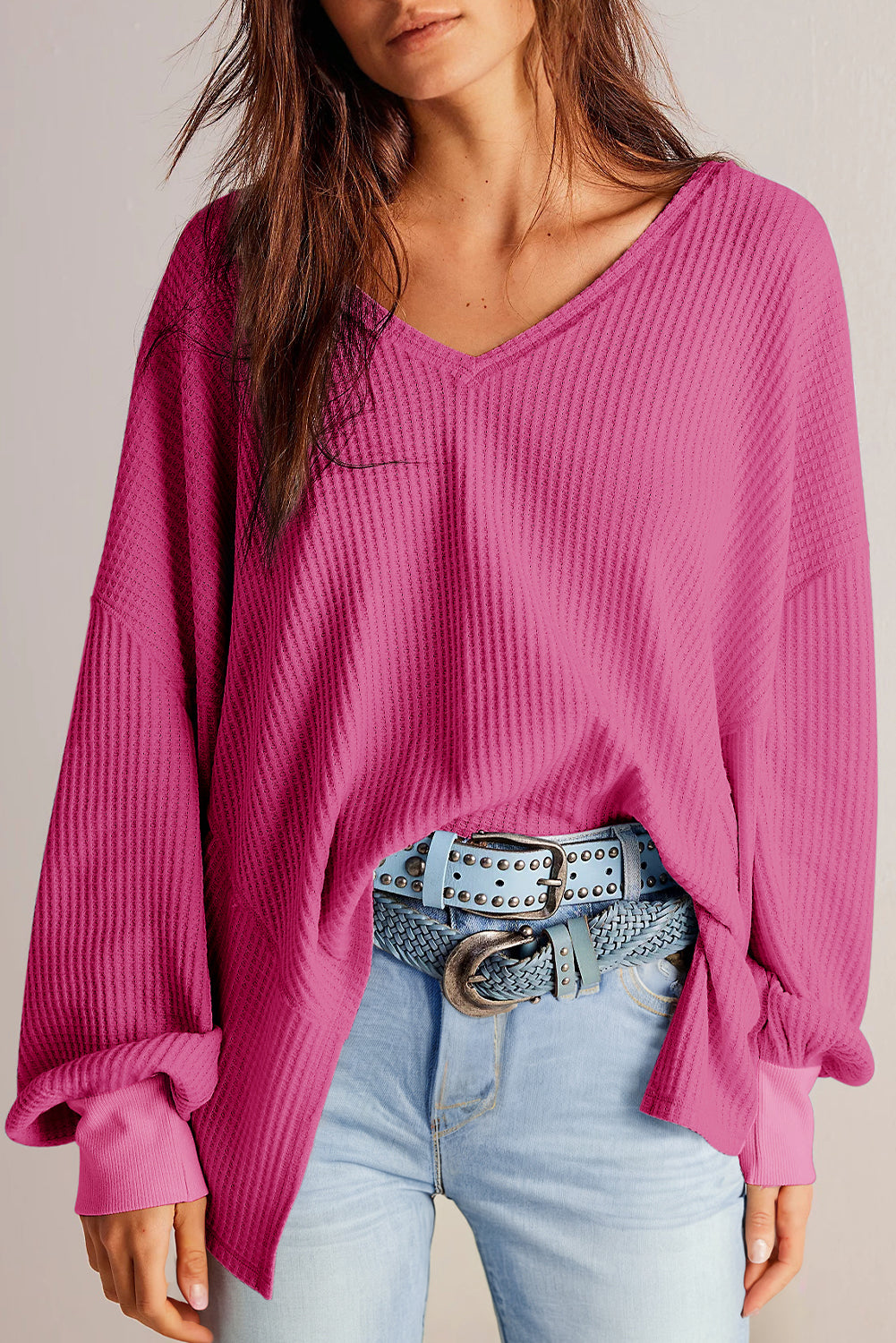 Light Pink Waffle V Neck Drop Shoulder Long Sleeve Loose Top