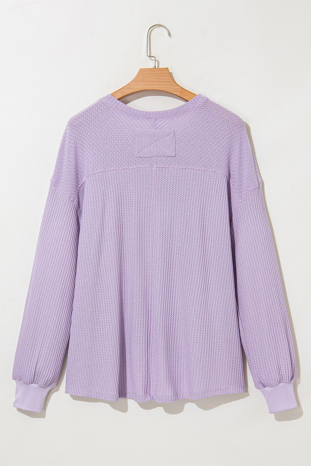 Light Pink Waffle V Neck Drop Shoulder Long Sleeve Loose Top